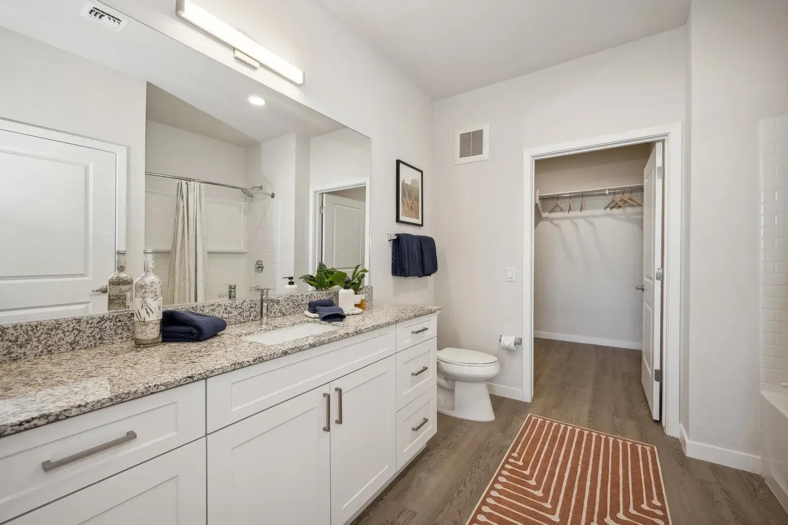 Modern bathroom with double vanity, granite countertops, stainless steel fixtures, and walk-in closet at Longbow Luxury Apartments Mesa, AZ.