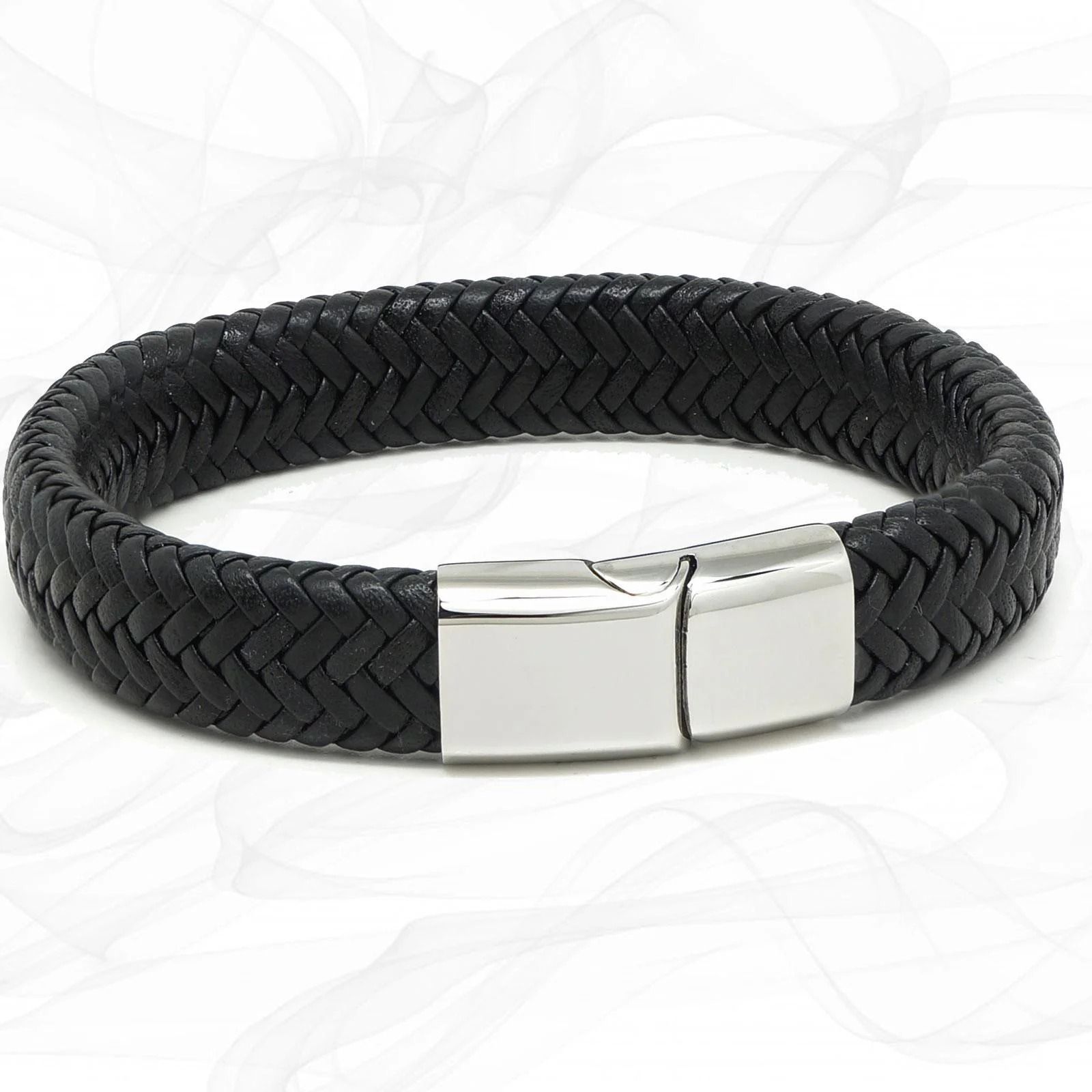 Black woven leather bracelet with silver clasp on a white background