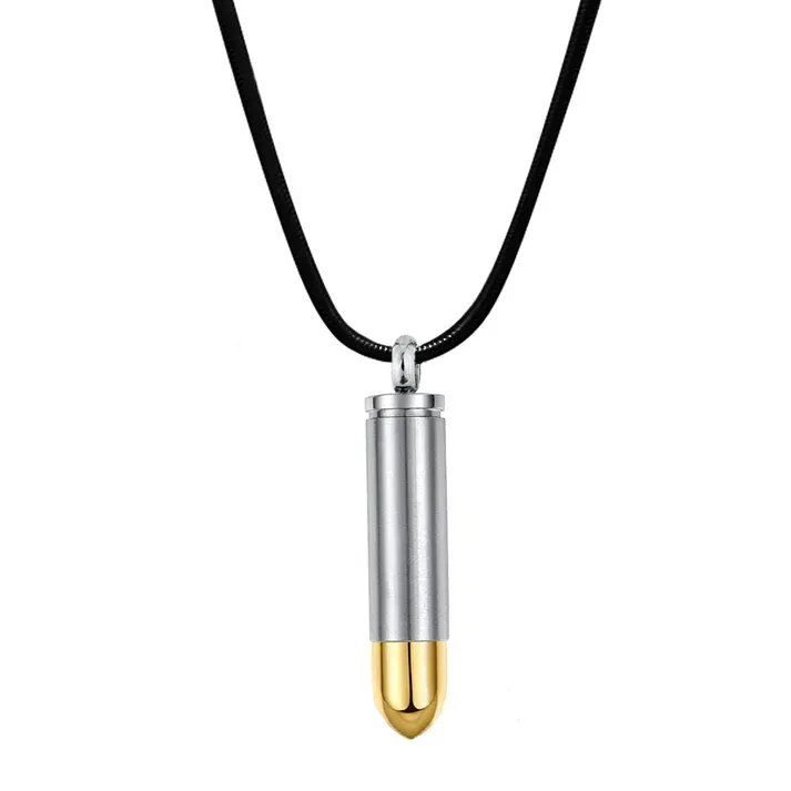 Silver bullet pendant necklace with gold tip on a black cord