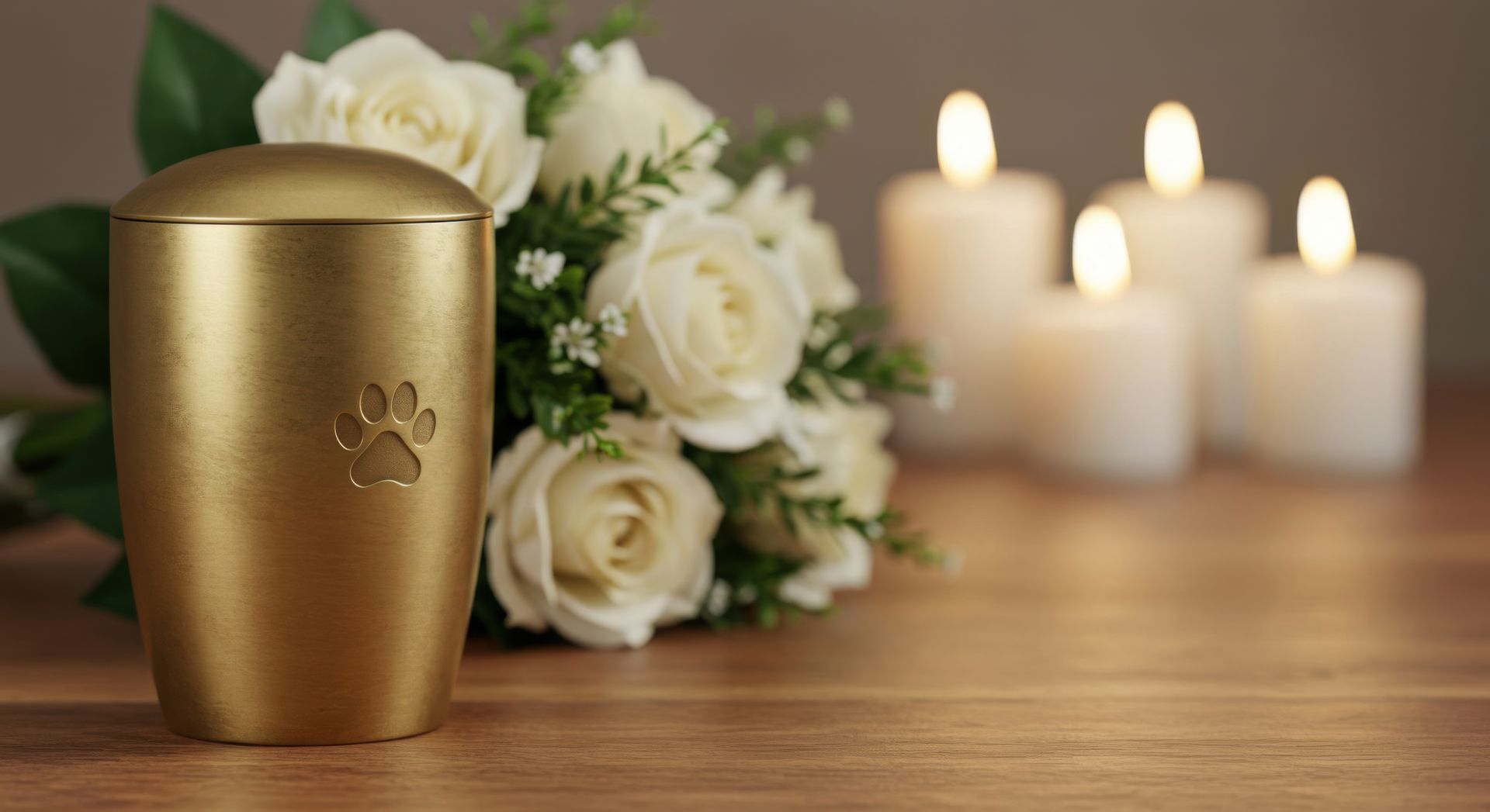 A golden pet memorial urn with a paw print next to white roses and burning candles. A golden pet memorial urn with a paw print next to white roses and burning candles.