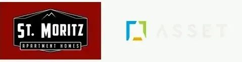 St. Moritz Apartment Homes logo with a red background, next to a blue, green, and yellow square logo.