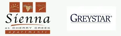 Logos for Sienna at Cherry Creek Apartments and Greystar.