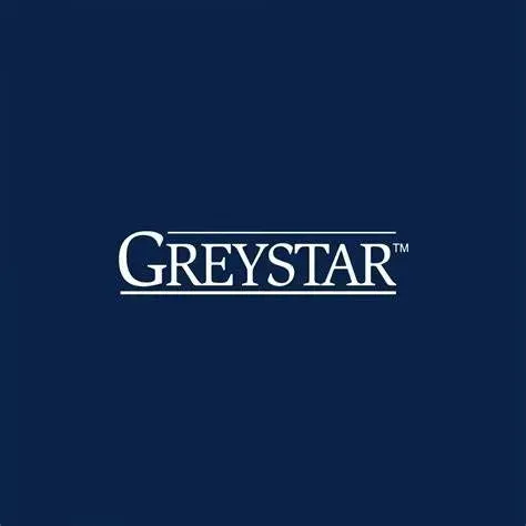 Greystar logo in white font on a navy blue background.