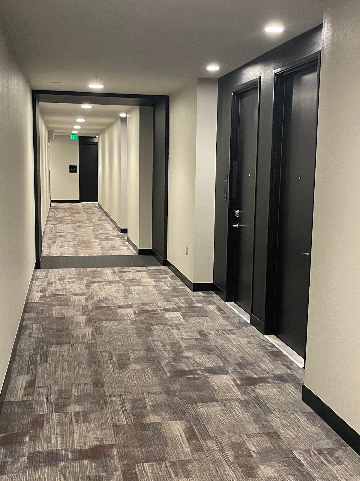 Long, narrow hallway with dark doors, patterned carpet, and overhead lighting.
