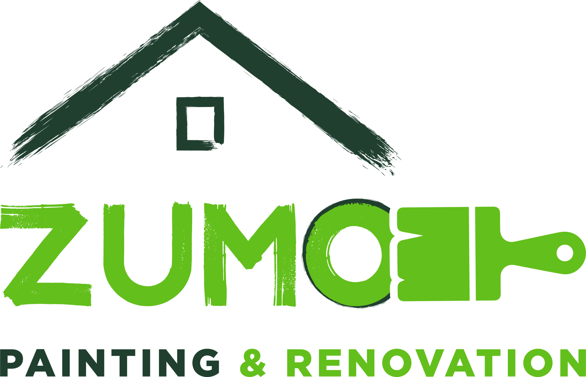 Logo for ZUMO Painting & Renovation: green text and paintbrush icon under a green house sketch.