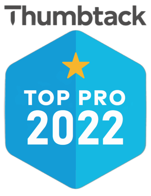 Thumbtack Top Pro 2022 badge: blue hexagon with gold star and white text.