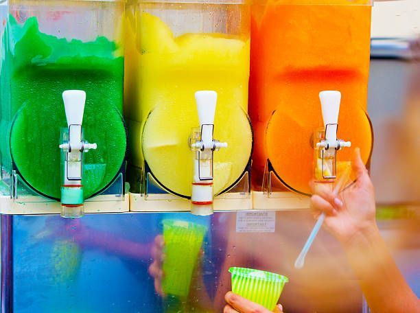 Three different favors of a slush drink.
