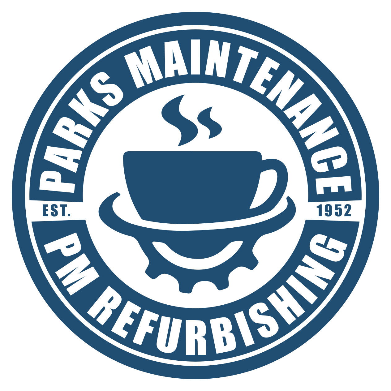 Blue and white Parks Maintenance logo featuring a coffee cup over a gear; text: