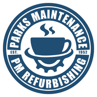 Blue and white Parks Maintenance logo featuring a coffee cup over a gear; text: 