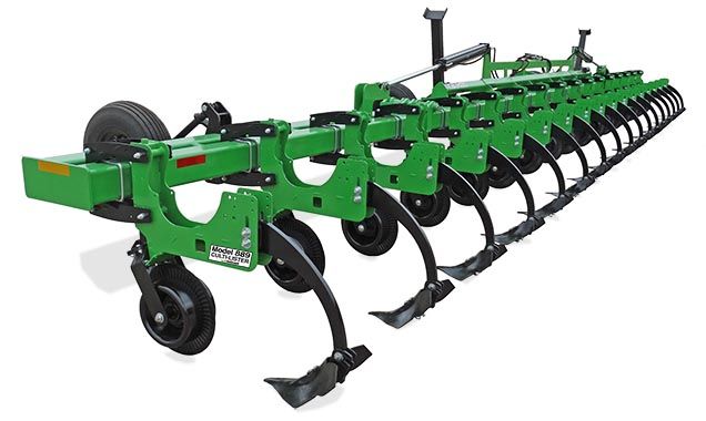 A green and black tractor with wheels on a white background.