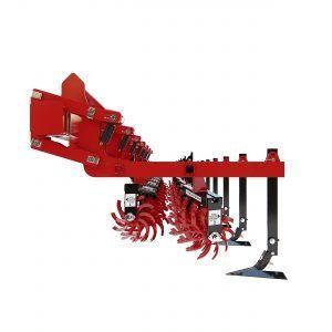 A red and black machine with a lot of wheels on a white background.