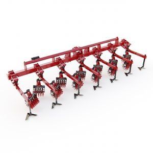 A 3d model of a red plow on a white background.