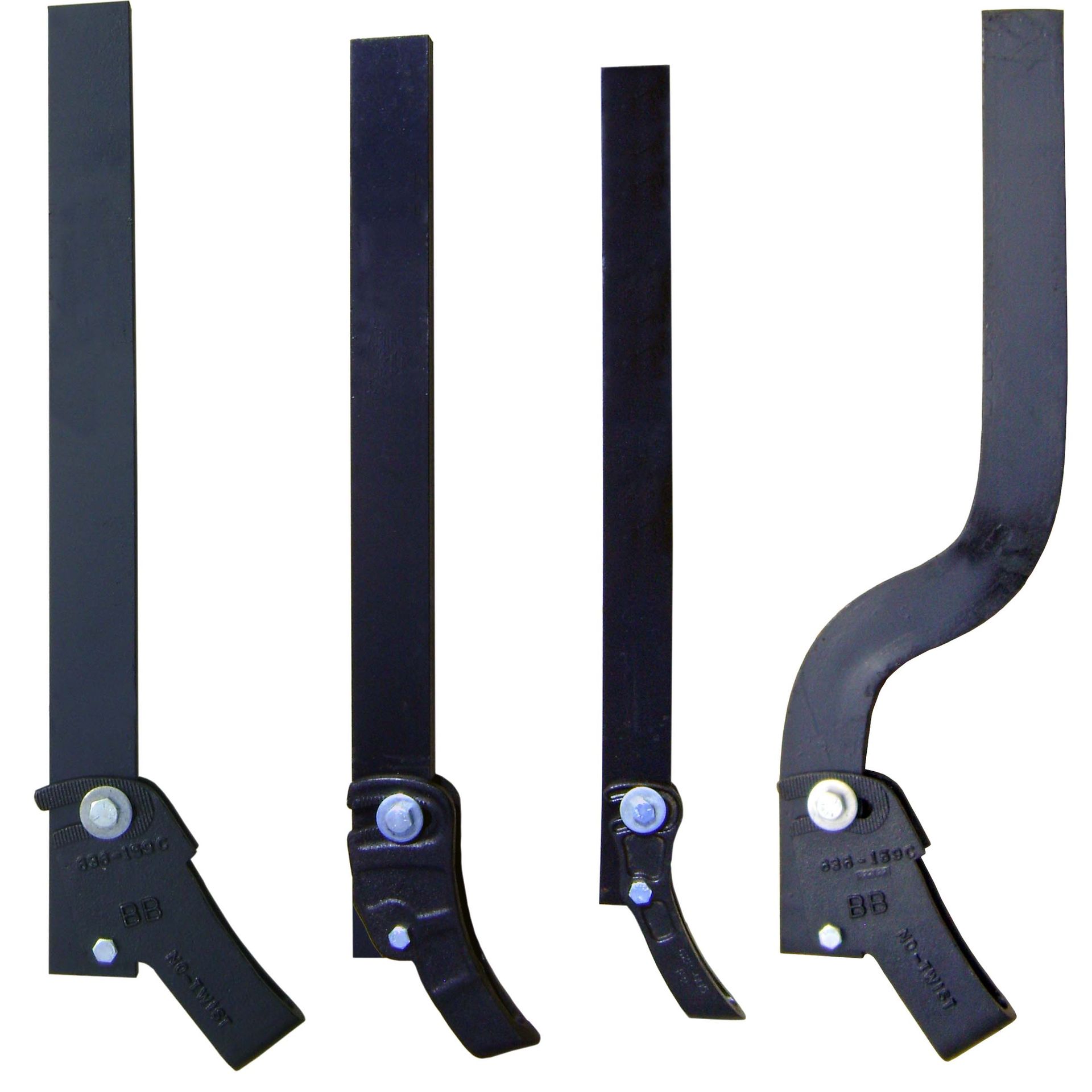 A set of four pieces of metal with a white background