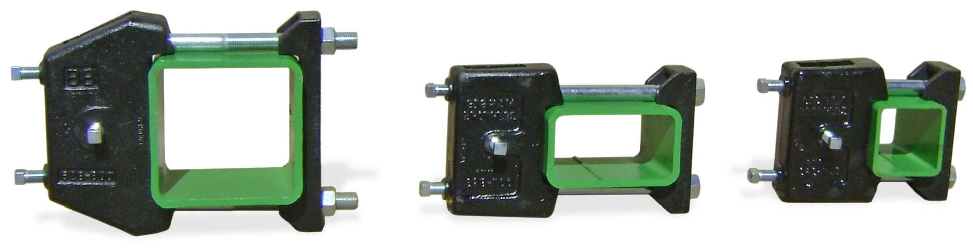 A green and black object with screws on a white background.
