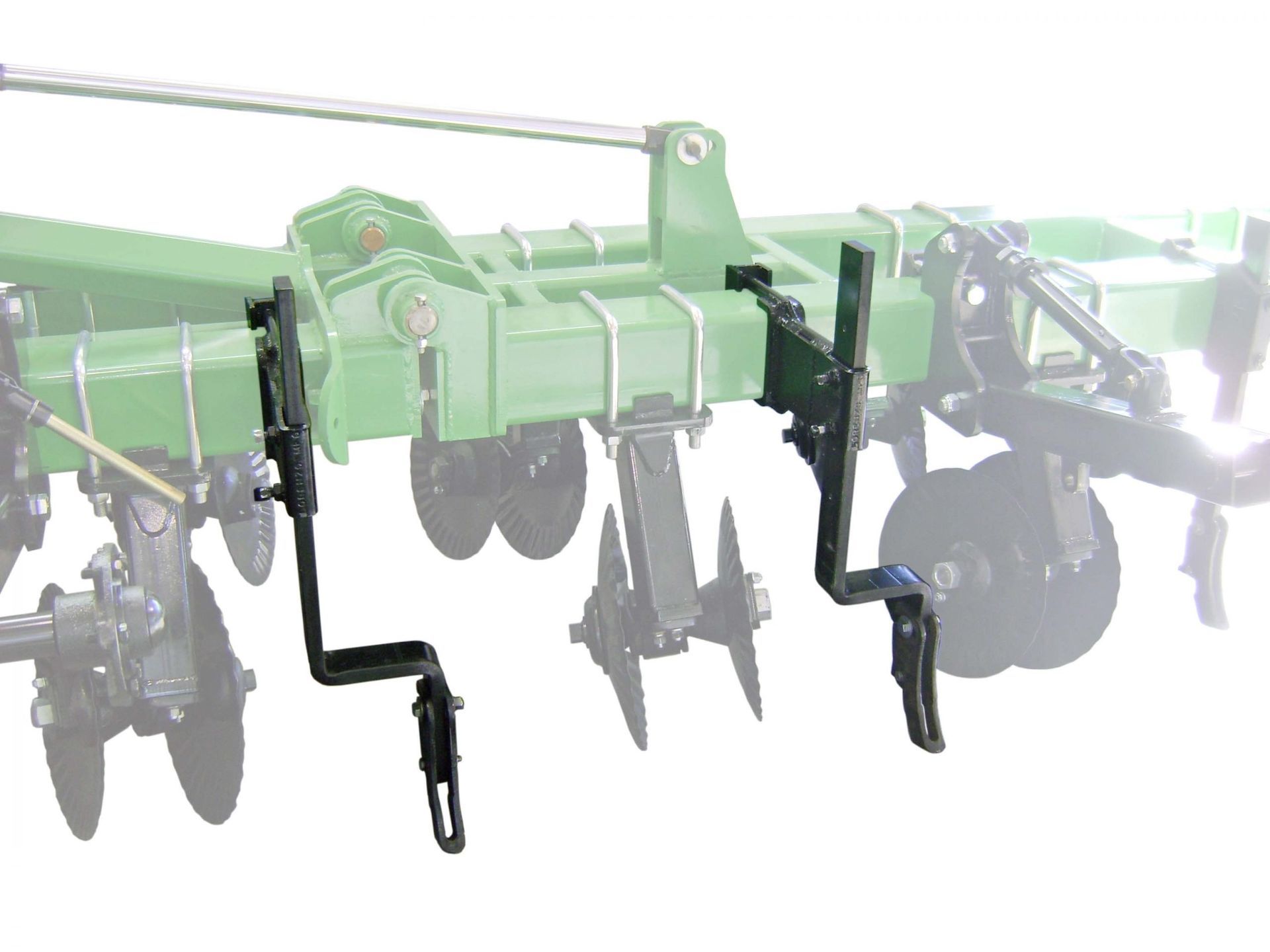 A green tractor with a bunch of wheels on a white background.