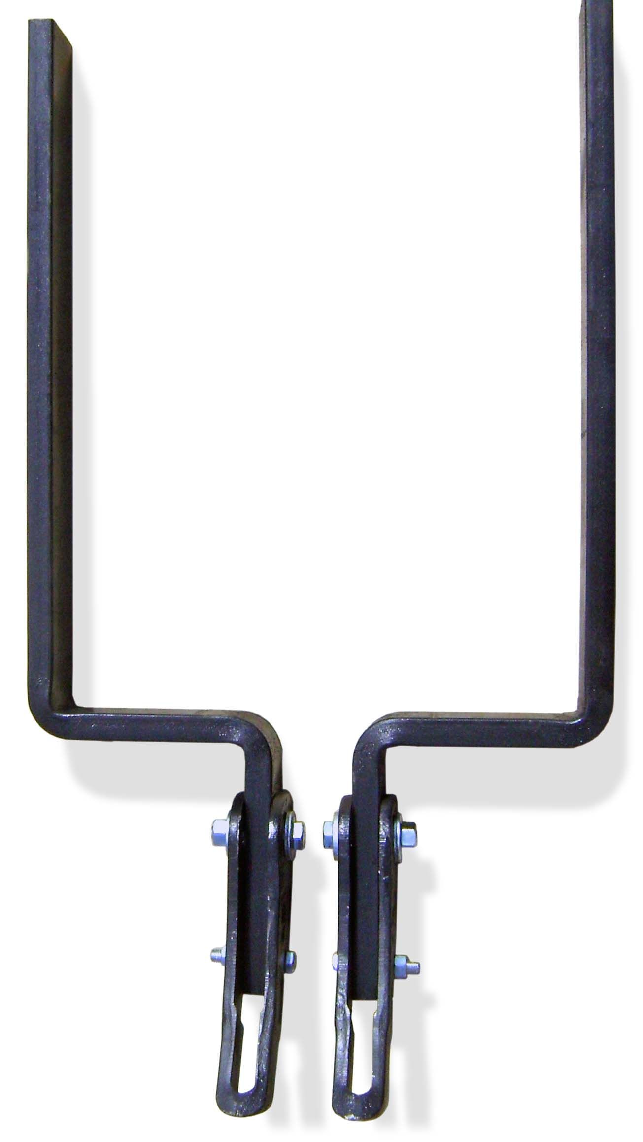 A pair of black metal hooks on a white background.