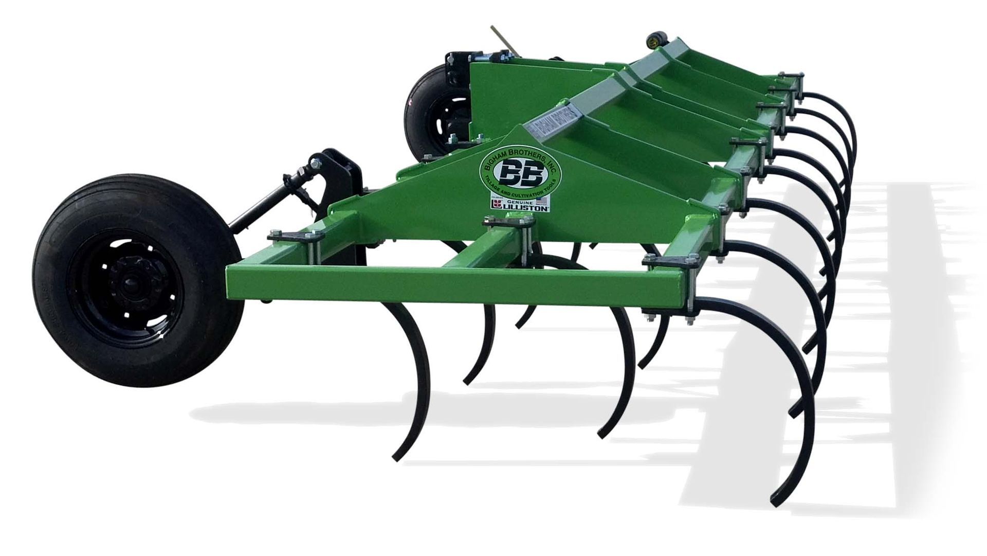 A green tractor with a black tire on a white background