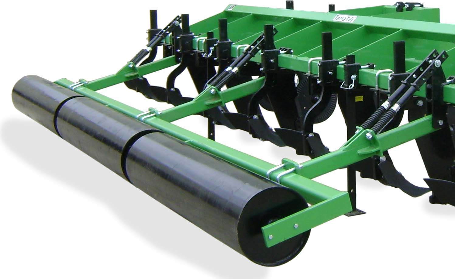 A green tractor with a black roller attached to it