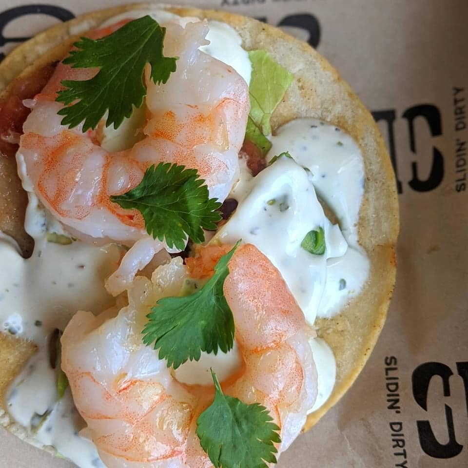 Shrimp taco on a tortilla, topped with white sauce and cilantro.