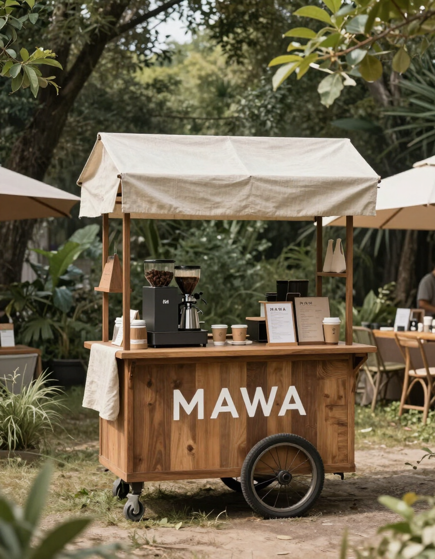 MAWA coffee cart at outdoor event with soft natural light and greenery