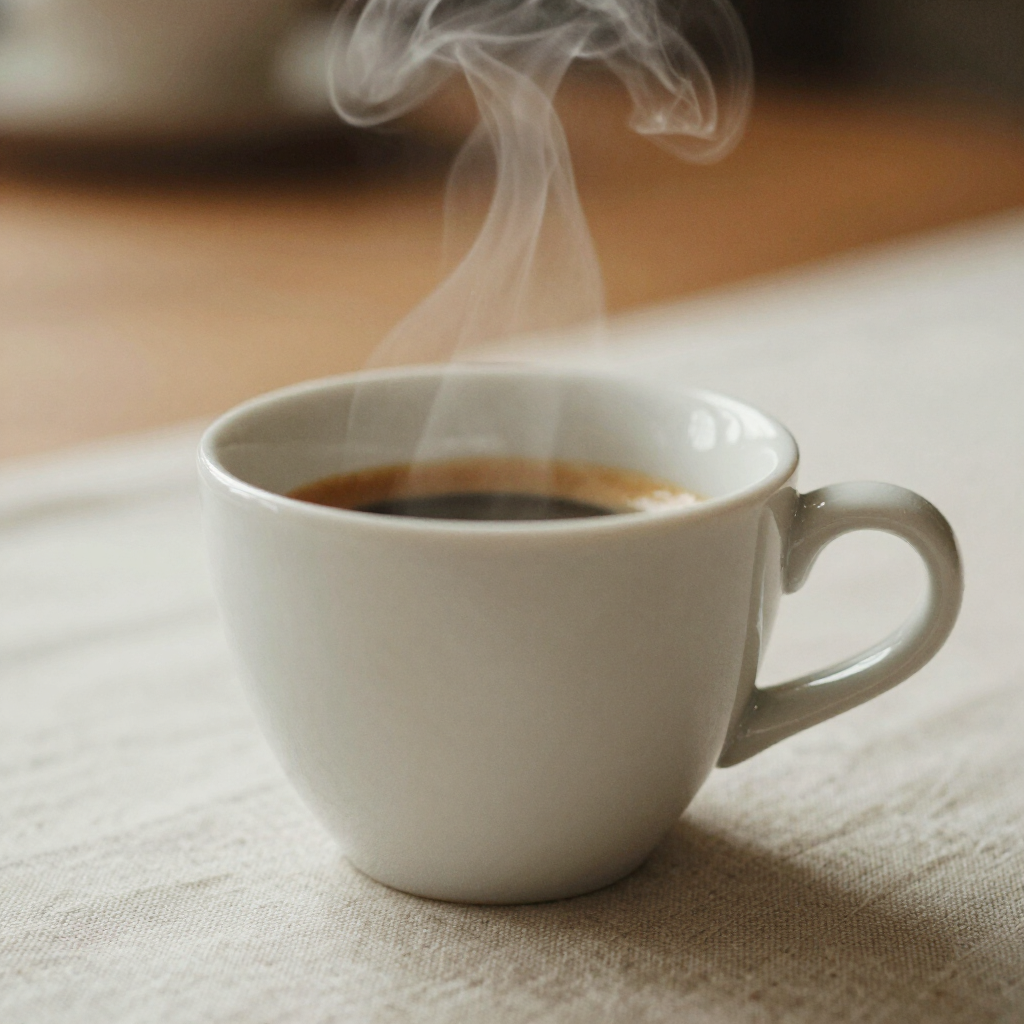 Ceramic espresso cup on linen surface with soft steam