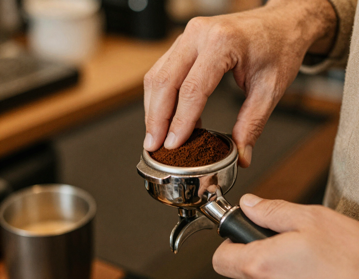 Barista hands tamping espresso into a portafilter