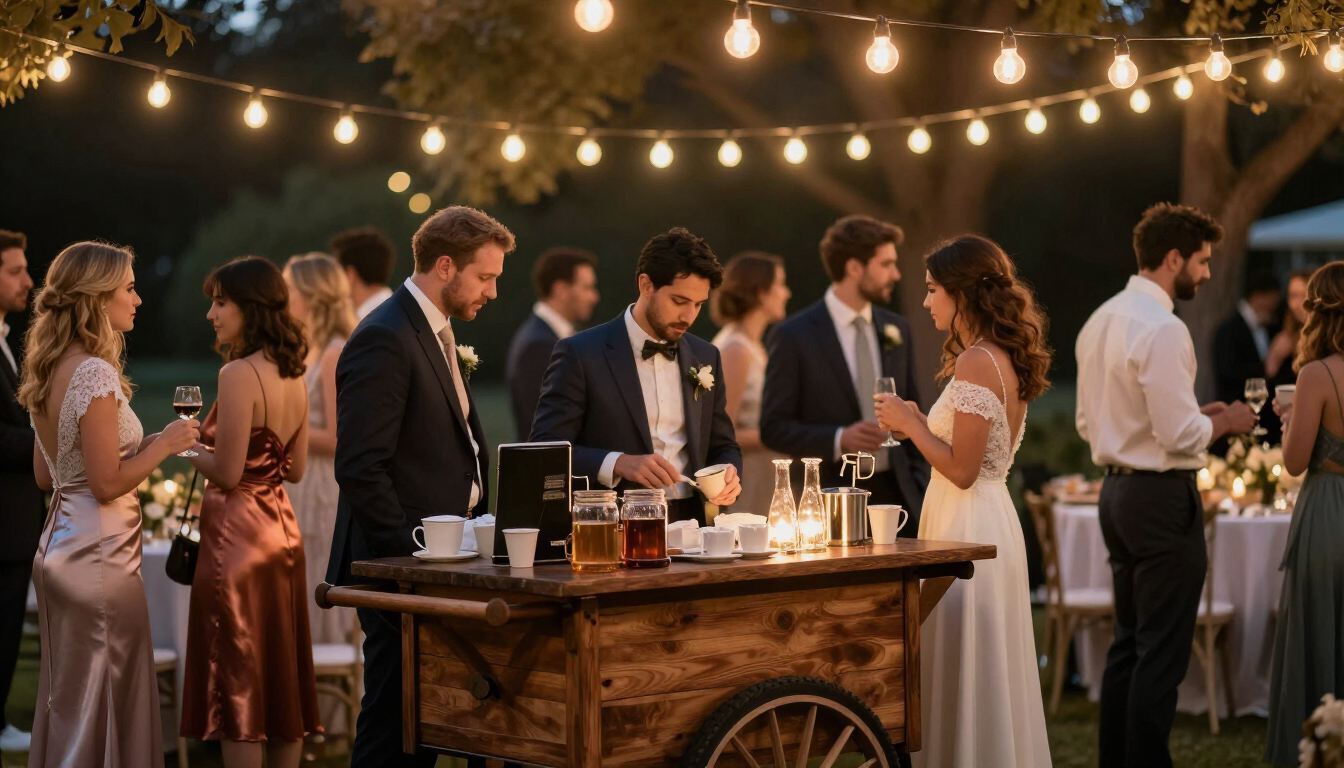 Coffee cart at wedding reception with string lights and guests