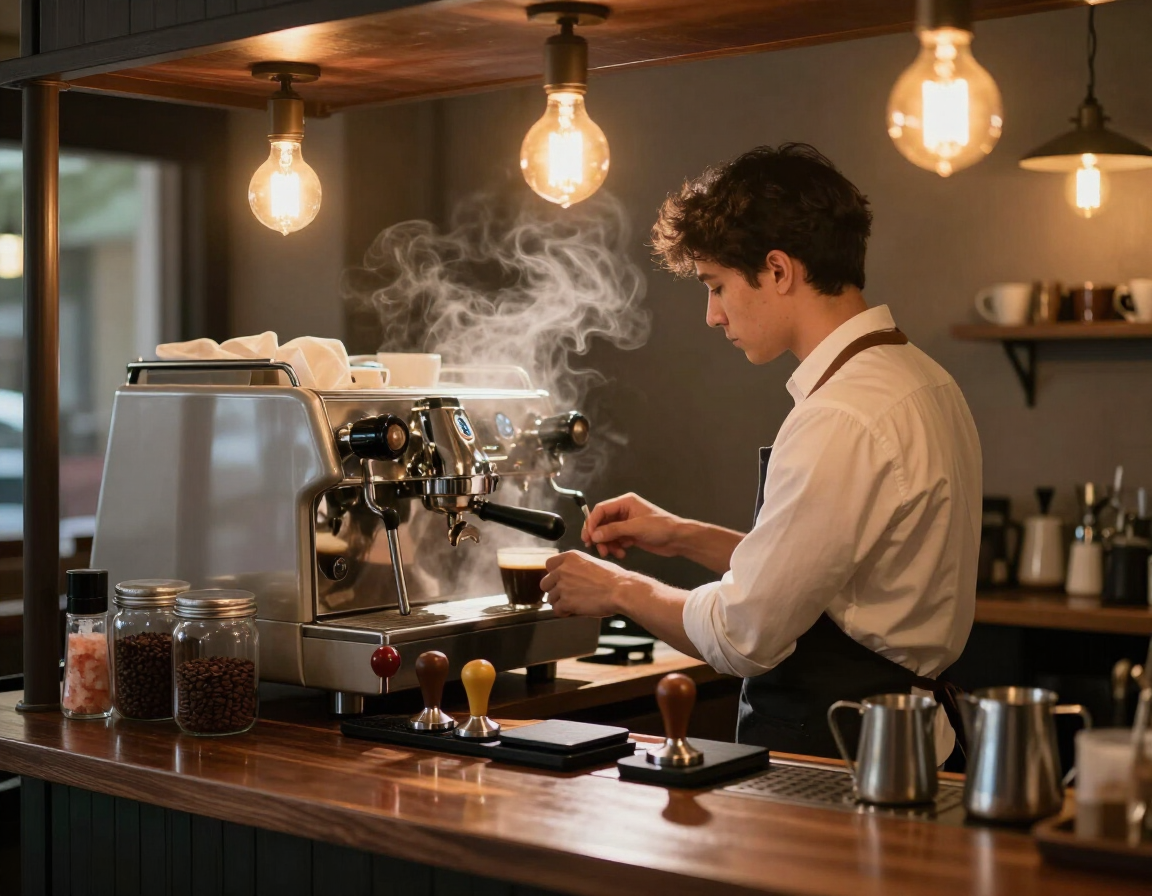 Behind-the-bar view of coffee cart with barista working