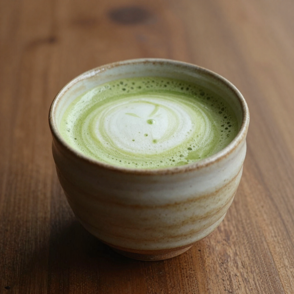 Matcha latte in handcrafted ceramic cup on dark wood surface