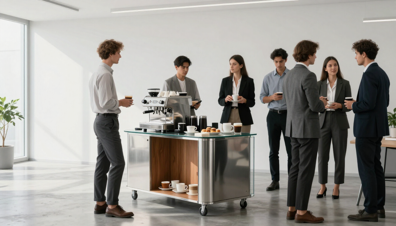 Corporate office event with minimalist coffee cart setup