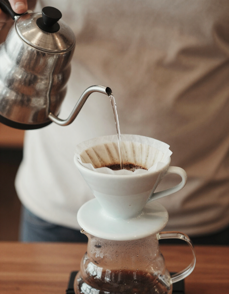 Pour-over coffee with water arcing from gooseneck kettle