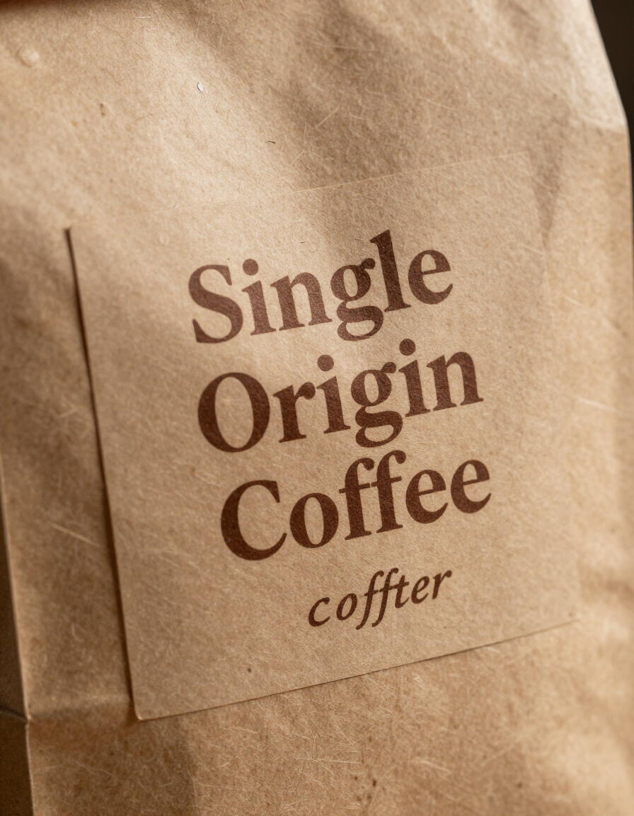 Coffee bean bag with origin label and warm overhead light