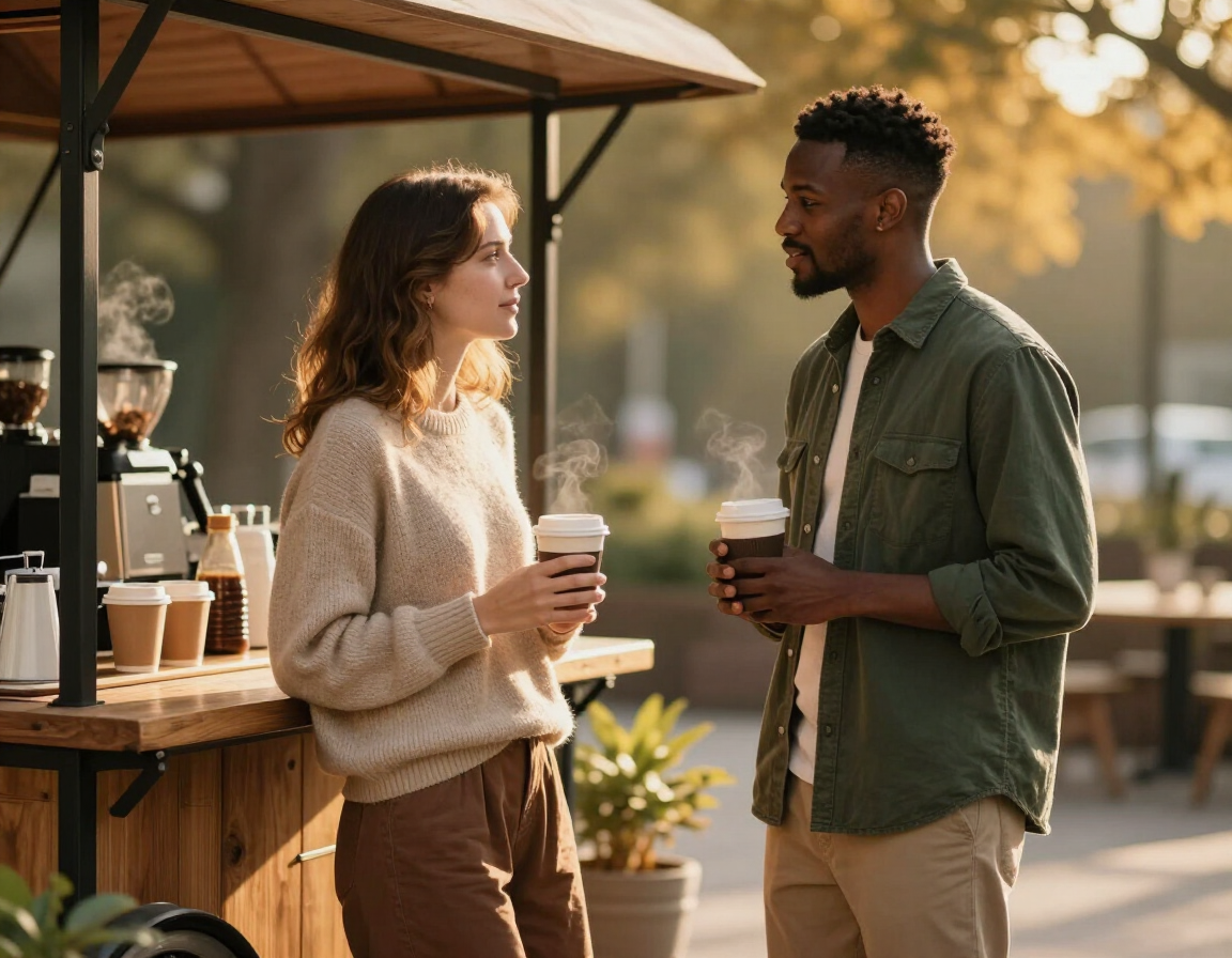 Two guests at an event holding coffee cups in conversation