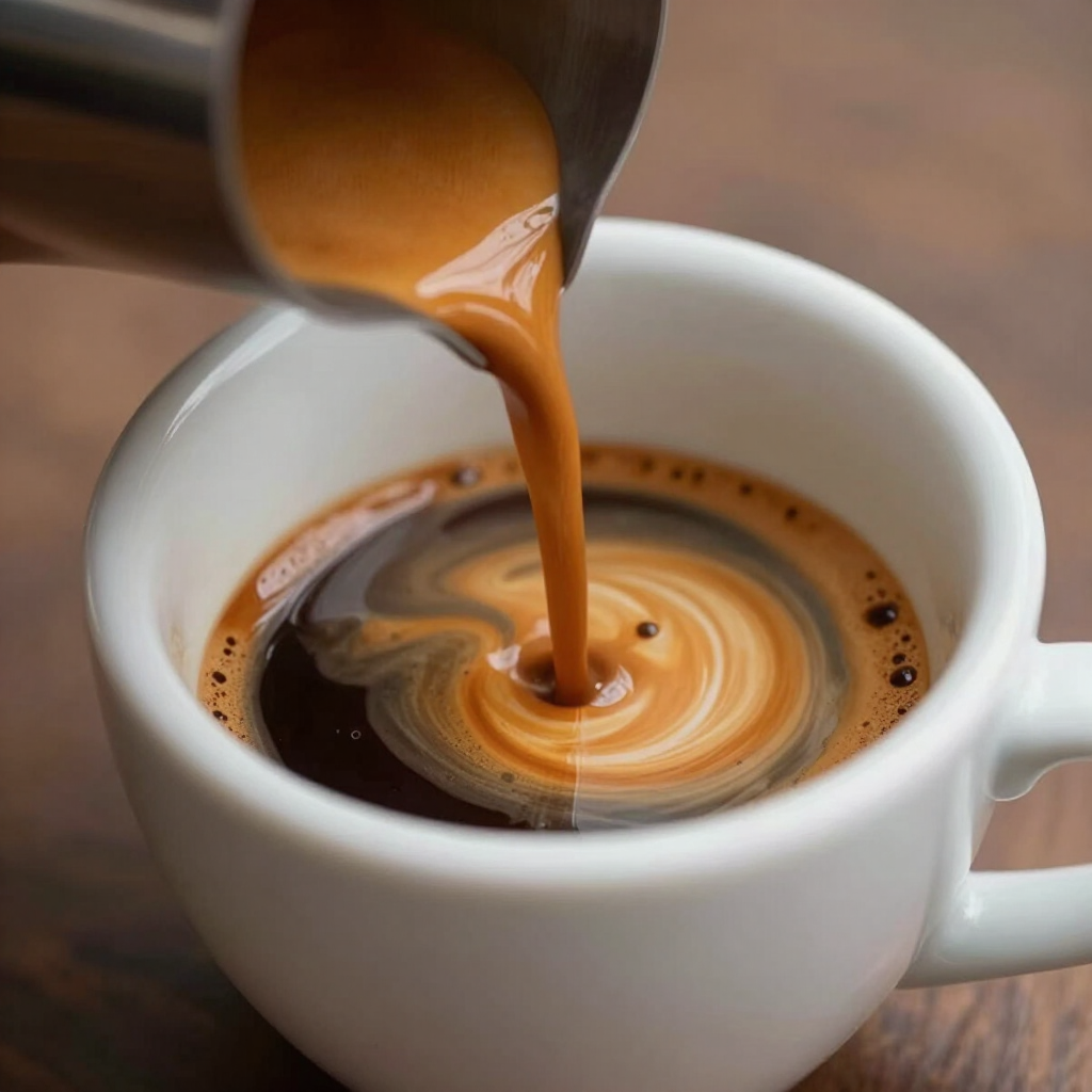 Espresso pulling into a ceramic demitasse with crema forming