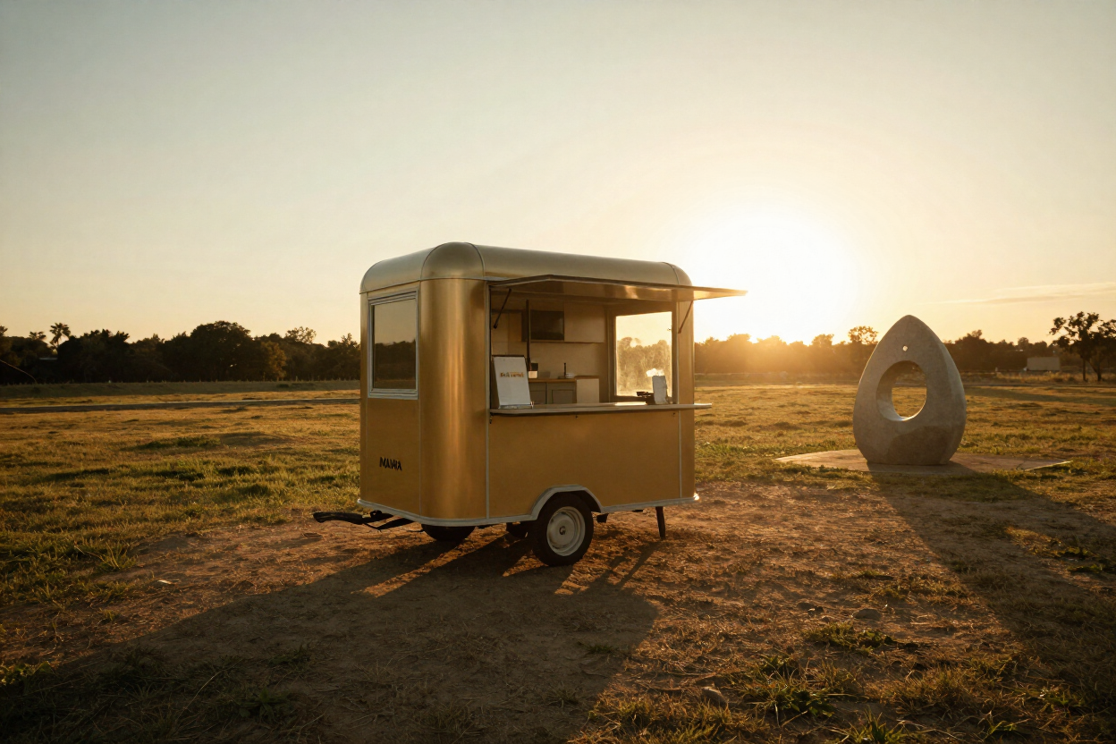 MAWA coffee cart at golden hour with long shadows