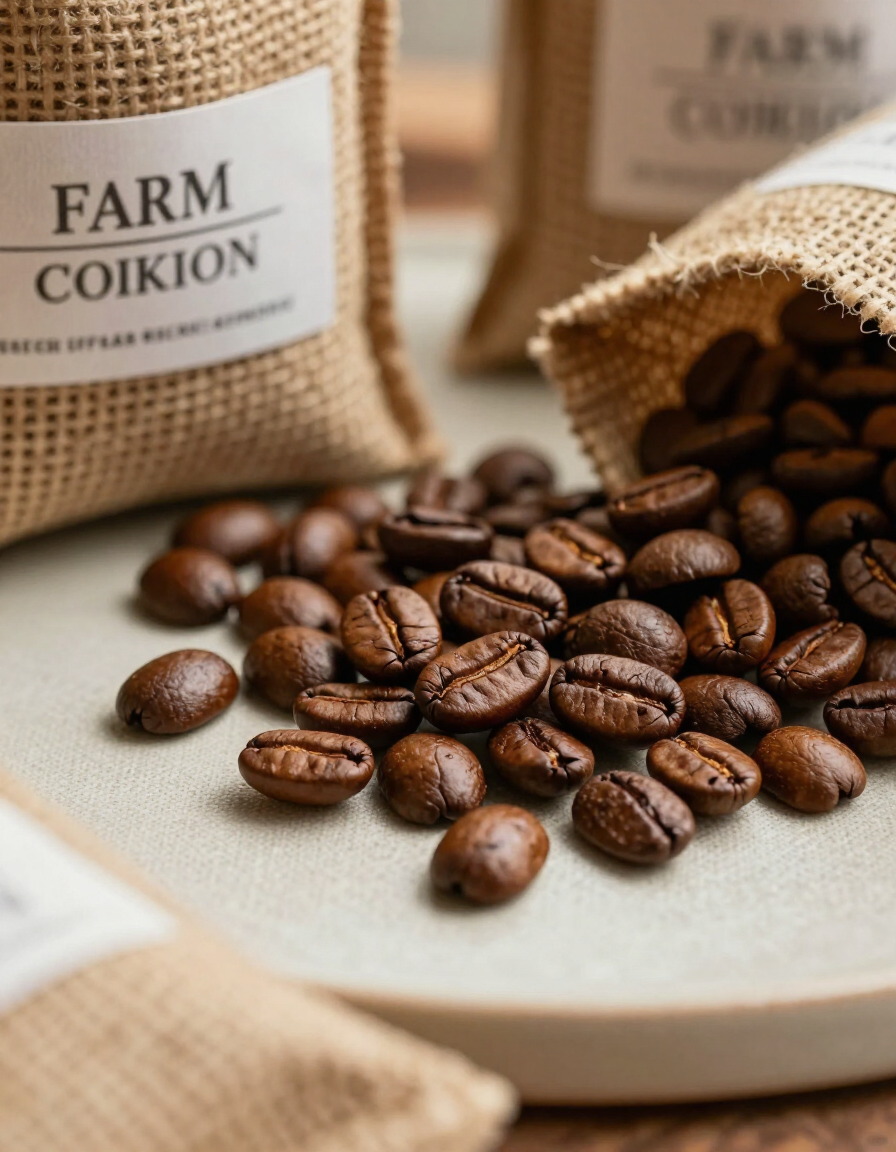 Freshly roasted whole beans resting on a linen surface