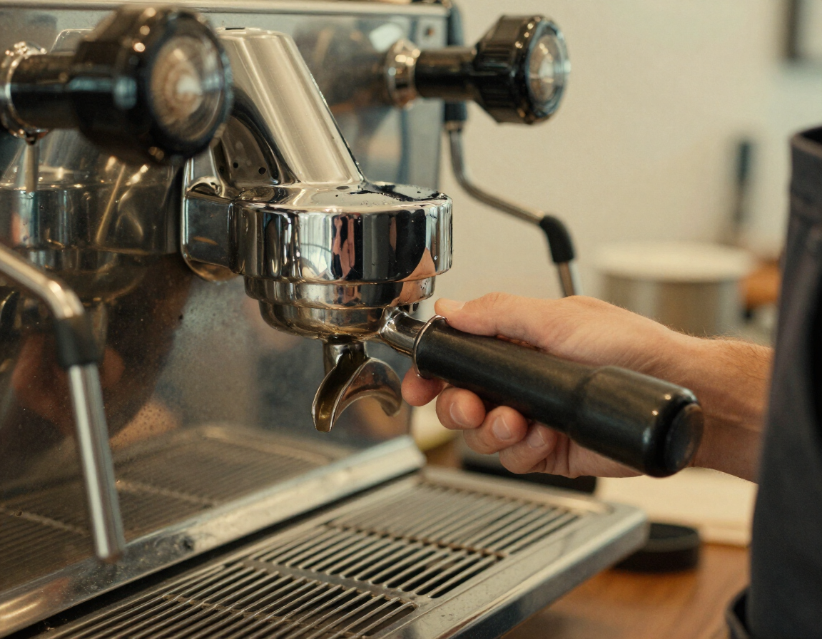 Portafilter placed into espresso machine group head