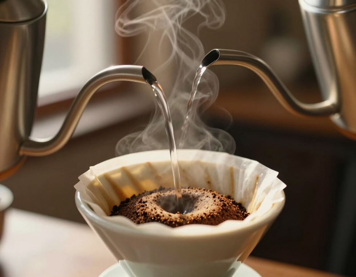Hot water arching over a pour-over dripper