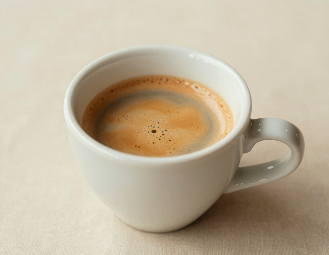 Espresso in ceramic cup on warm linen surface