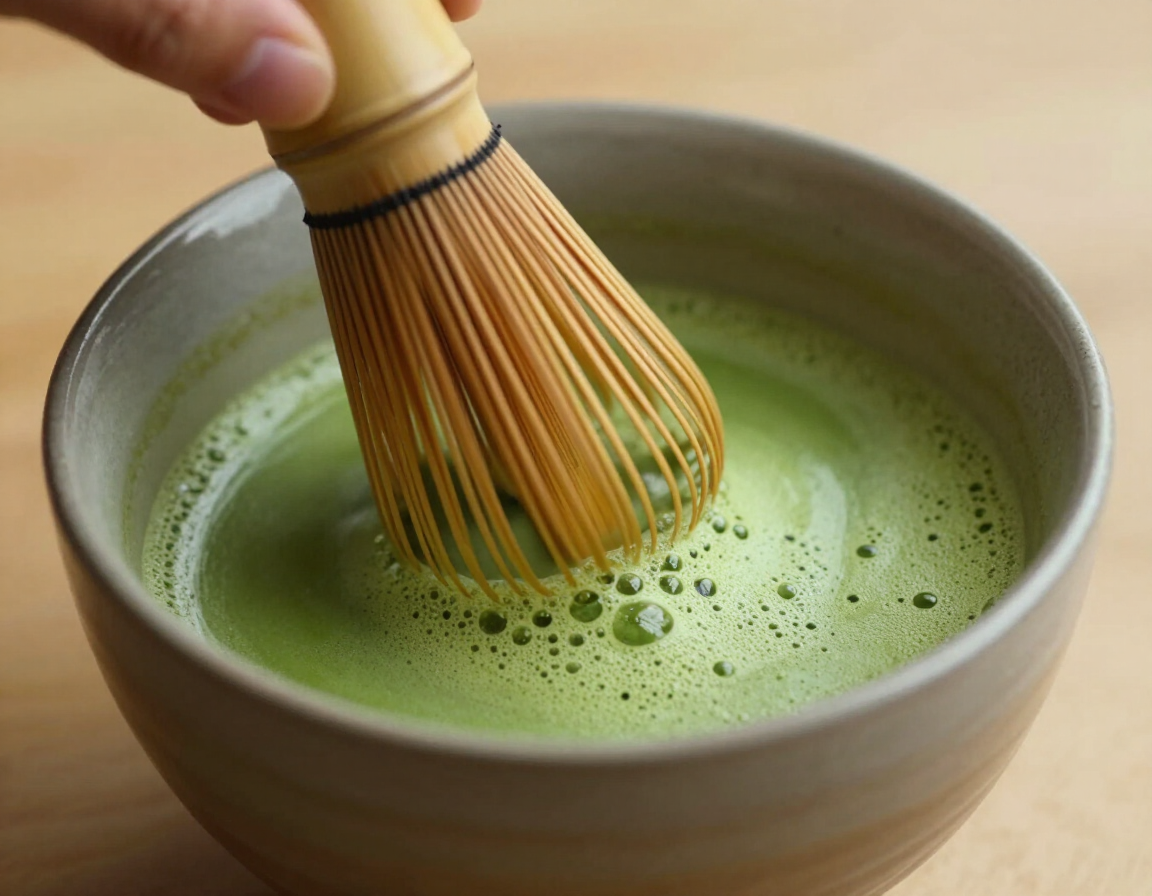 Bamboo matcha whisk whisking matcha in ceramic bowl
