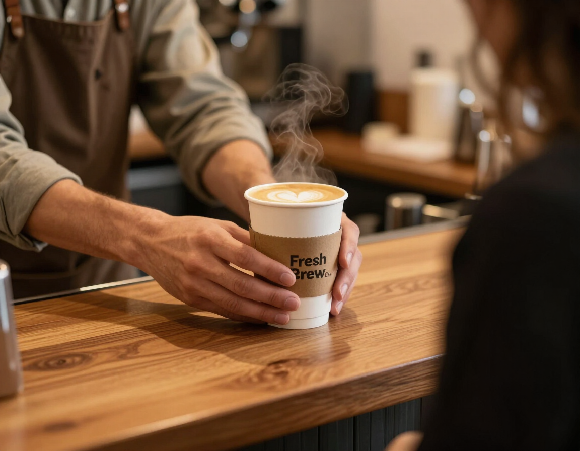 Barista passing a finished drink across the cart counter