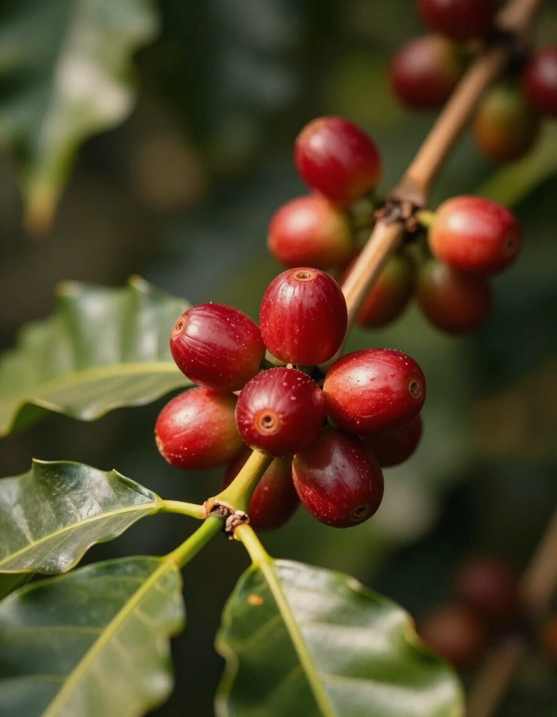Ripe coffee cherries on the branch