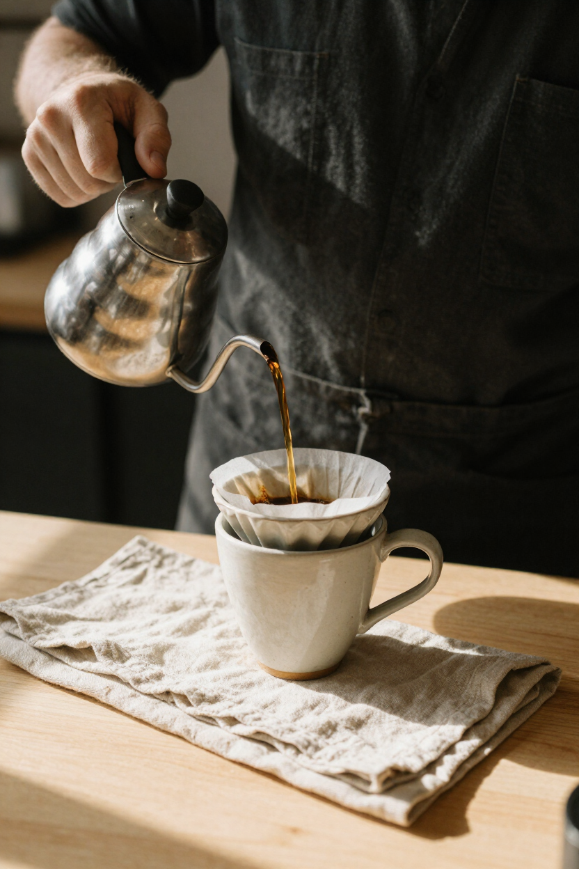 Barista pouring a slow pour-over into a ceramic cup