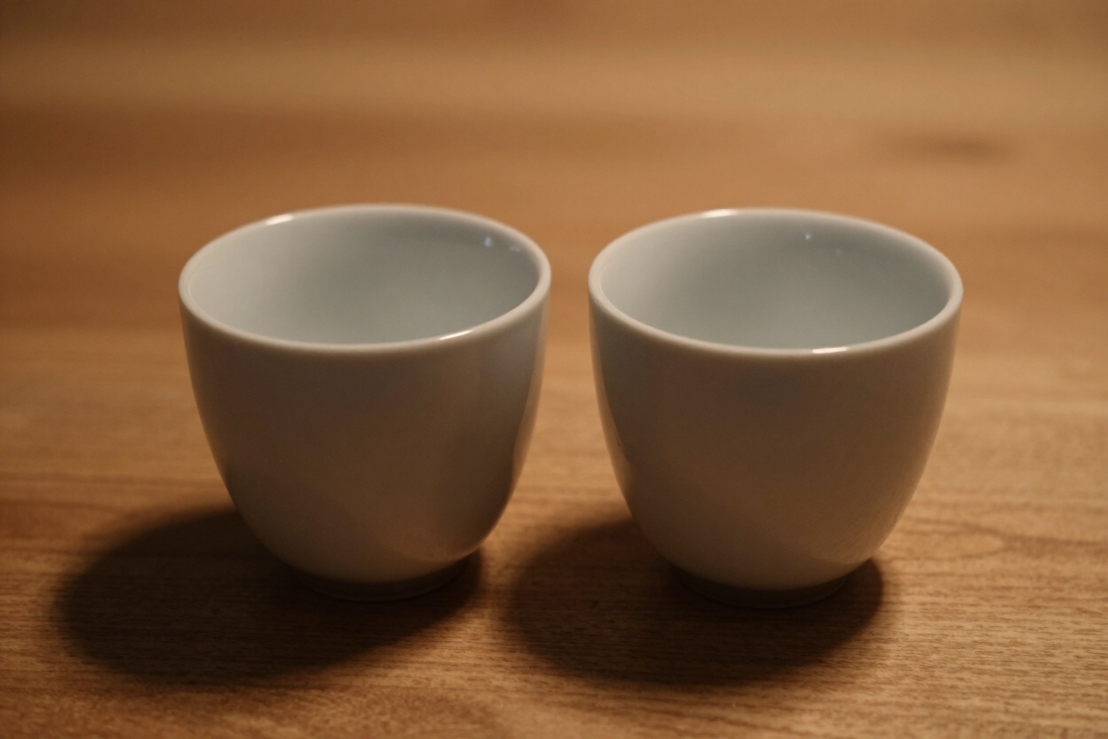 Two coffee cups on a natural wood surface