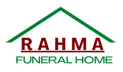 Rahma Funeral Home logo with green roof line and red and green text