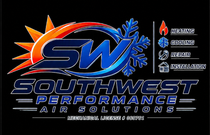 Southwest Performance logo with blue SW lettering, orange sunburst, and red/blue snowflake accents