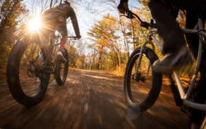 Two people ride fat-tire bikes on a dirt path through a sunlit, autumnal forest.