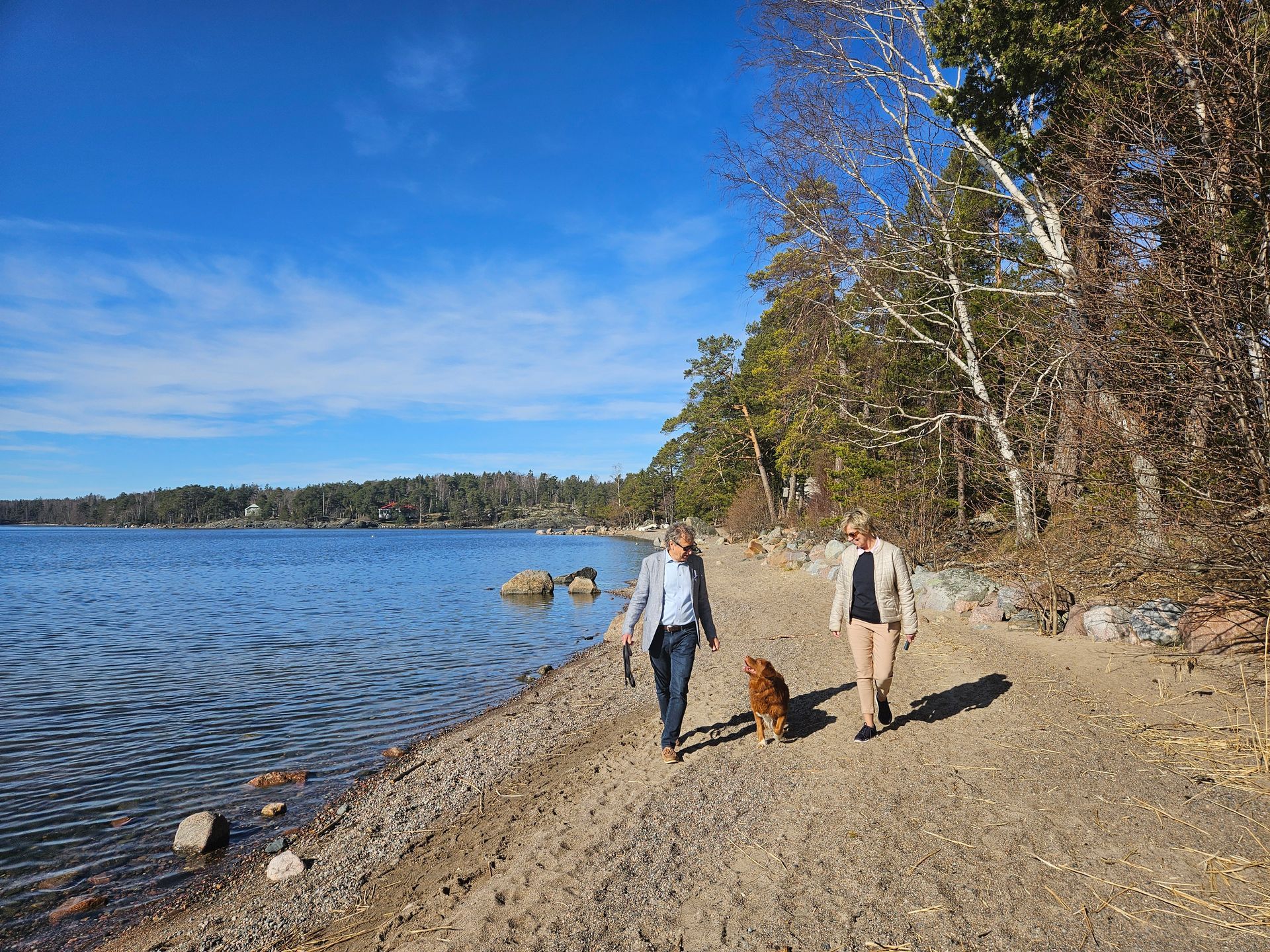 Two people walk a golden dog along a rocky shoreline next to a lake under a clear blue sky.