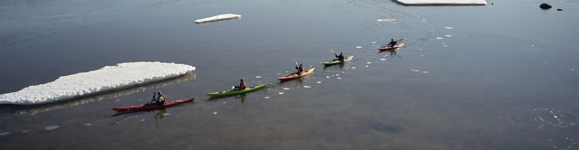 A line of five colorful kayaks paddles through calm, dark water past scattered ice floes.