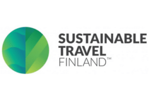 The Sustainable Travel Finland logo, featuring a green leaf-shaped circle next to the black text